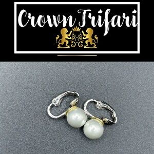Crown Trifari Silver and Faux Pearl Earrings